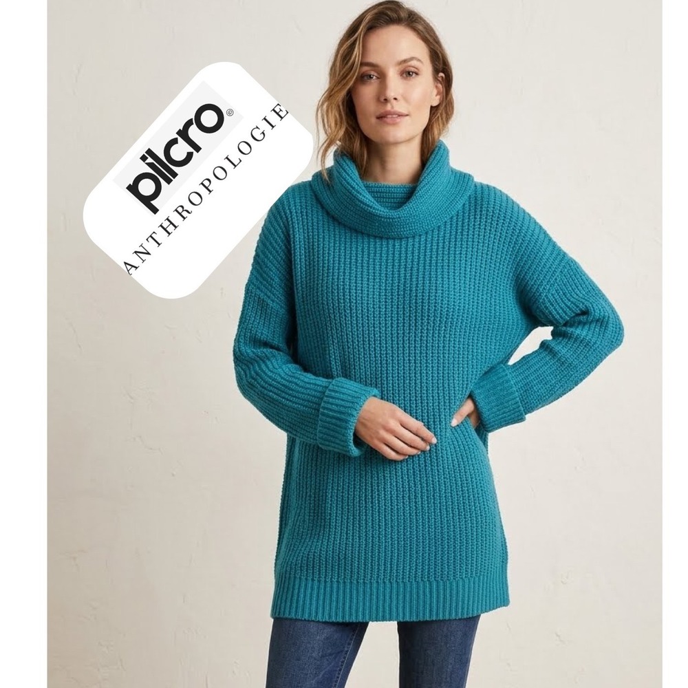Pilcro Anthropologie Cowl Neck Tunic Sweater Teal Blue Ribbed Knit Size M NEW